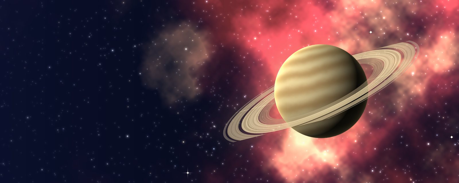 Saturne et ses anneaux devant une nébuleuse rouge